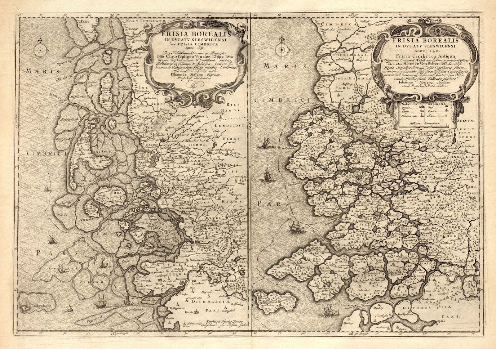 FRISIA BOREALIS. Nordfriesland 1240 & 1651; pre/post flooding. BLAEU c1667 map